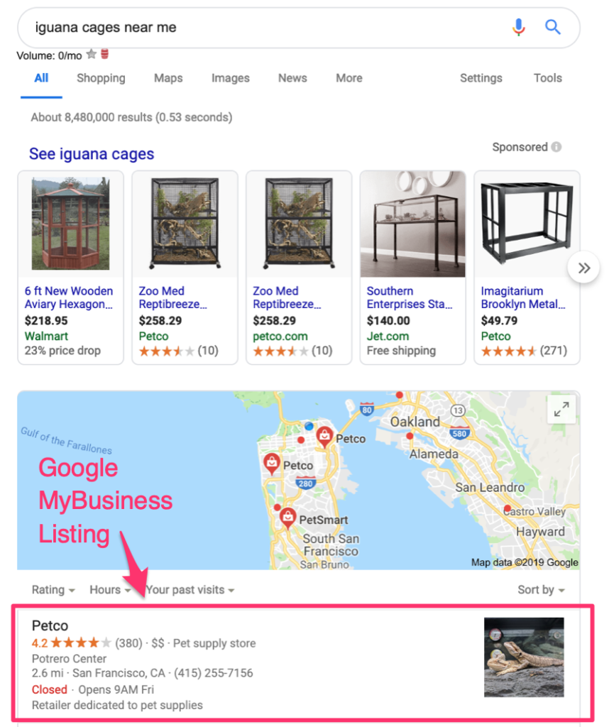 Example Google MyBusiness Listing for "iguana cages near me"